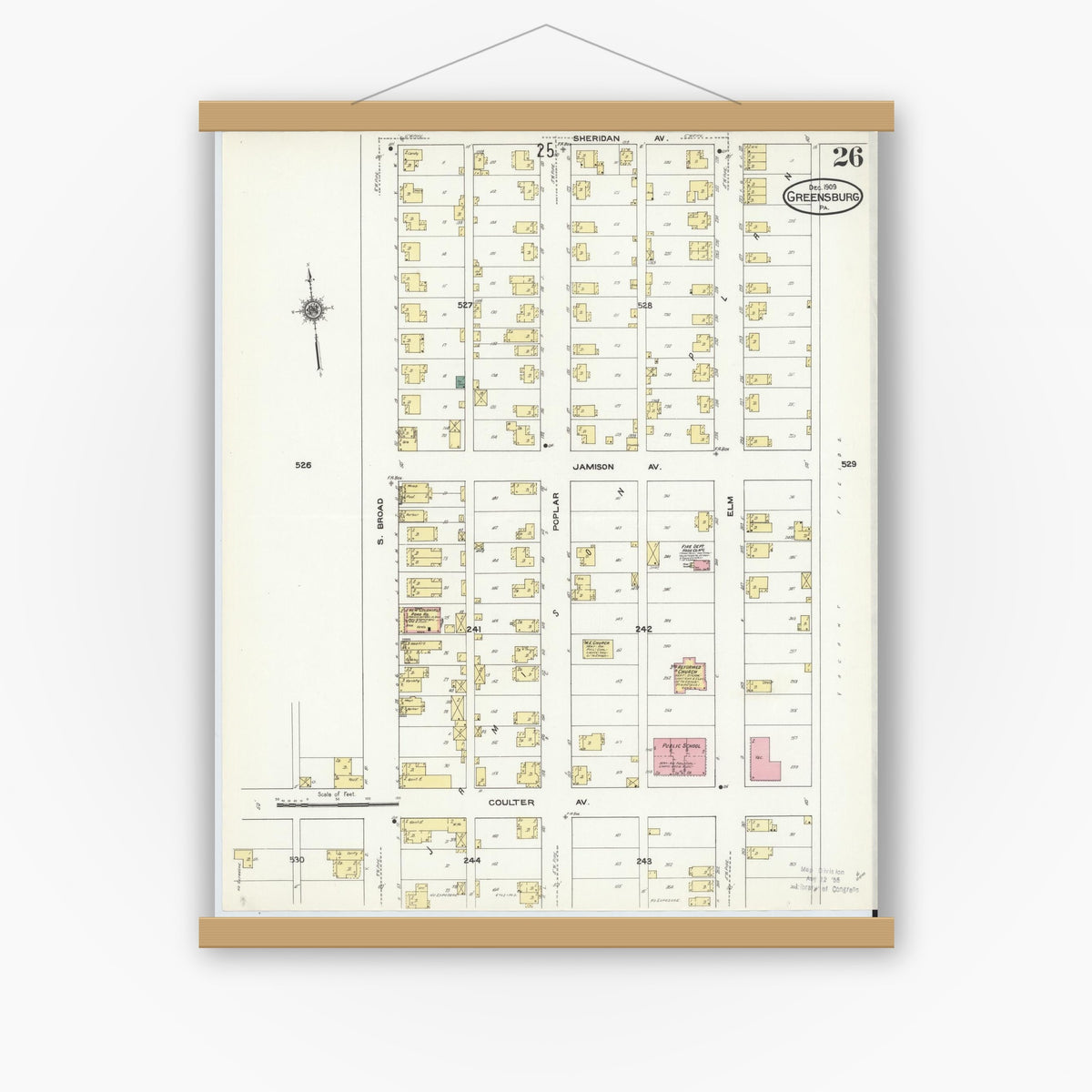 Old map wall art mockup — magnetic wood frame on white wall — Sanborn Fire Insurance Map from Greensburg, Westmoreland County, Pennsylvania (1909), Sheet #0026