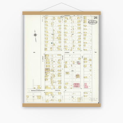 Old map wall art mockup — magnetic wood frame on white wall — Sanborn Fire Insurance Map from Greensburg, Westmoreland County, Pennsylvania (1909), Sheet #0026