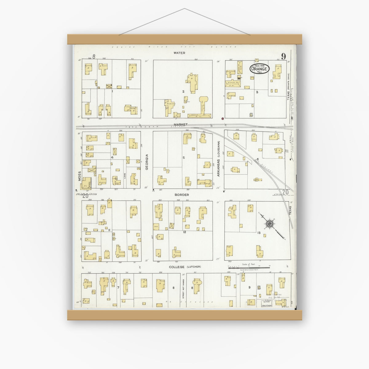 Old map wall art mockup — magnetic wood frame on white wall — Sanborn Fire Insurance Map from Orange, Orange County, Texas (1919), Sheet #0009
