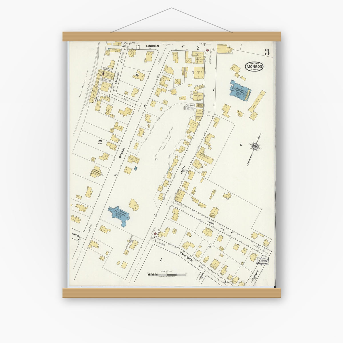 Old map wall art mockup — magnetic wood frame on white wall — Sanborn Fire Insurance Map from Monson, Hampden County, Massachusetts (1918), Sheet #0003