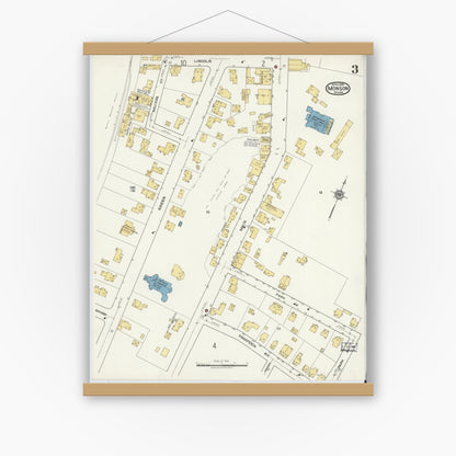 Old map wall art mockup — magnetic wood frame on white wall — Sanborn Fire Insurance Map from Monson, Hampden County, Massachusetts (1918), Sheet #0003