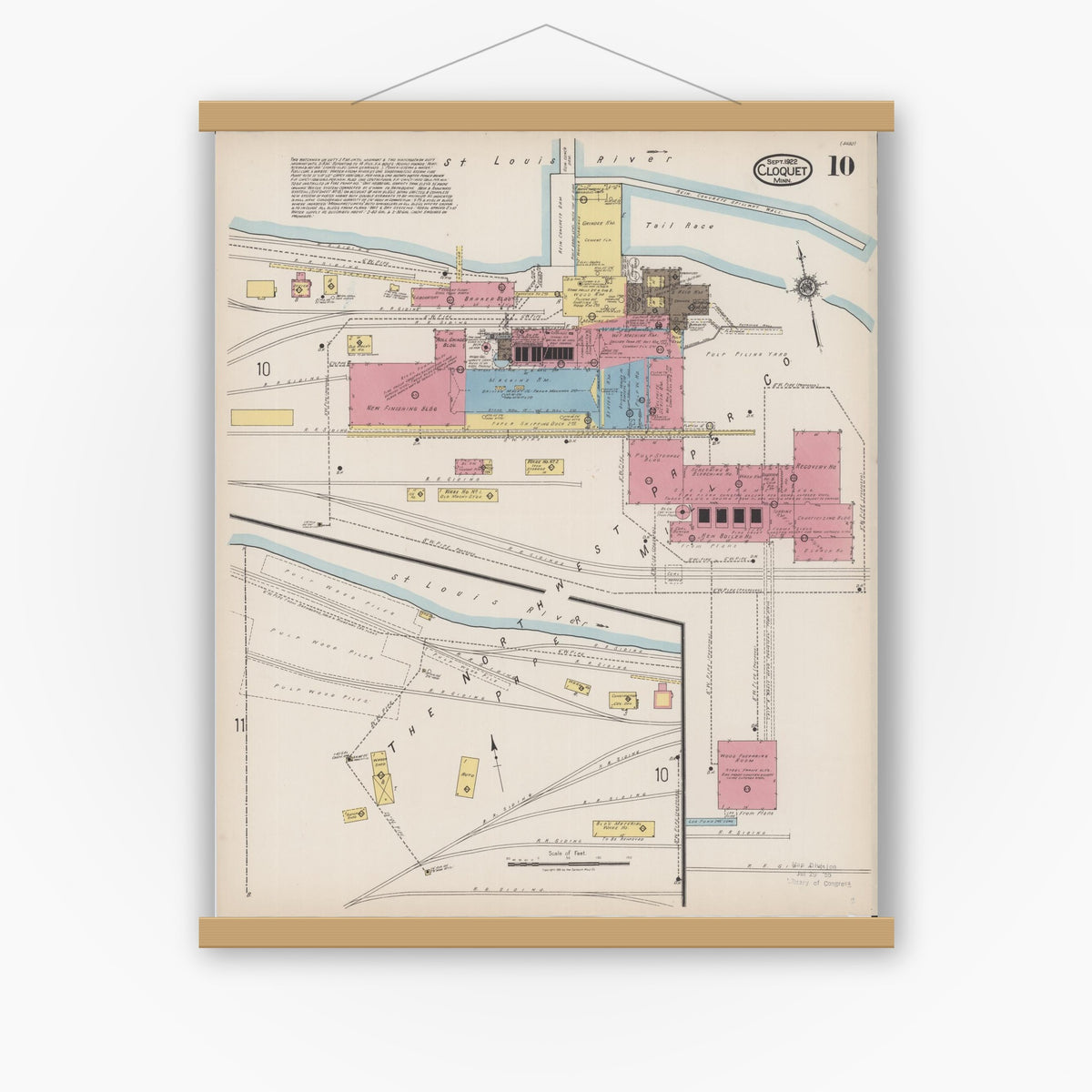 Old map wall art mockup — magnetic wood frame on white wall — Sanborn Fire Insurance Map from Cloquet, Carlton County, Minnesota (1922), Sheet #0010