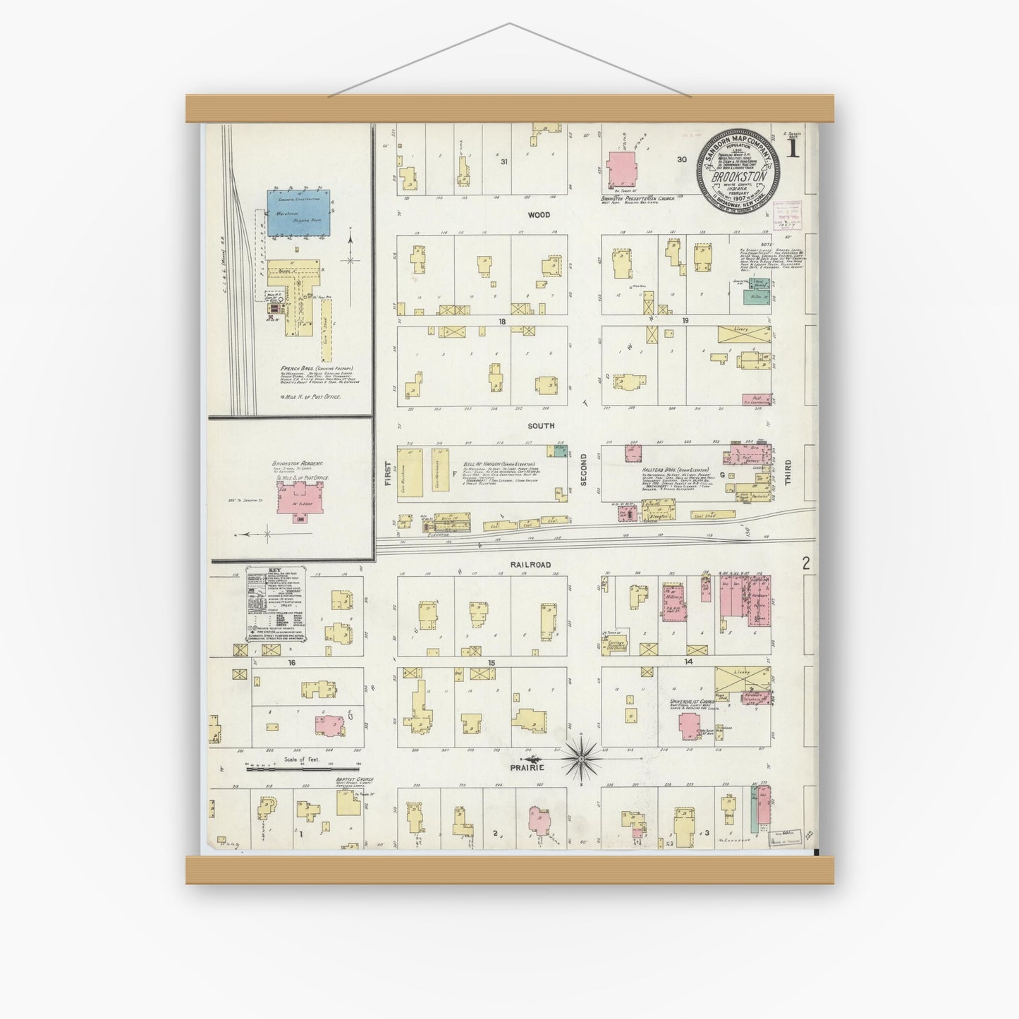 Old map wall art mockup — magnetic wood frame on white wall — Sanborn Fire Insurance Map from Brookston, White County, Indiana (1907), Sheet #0001