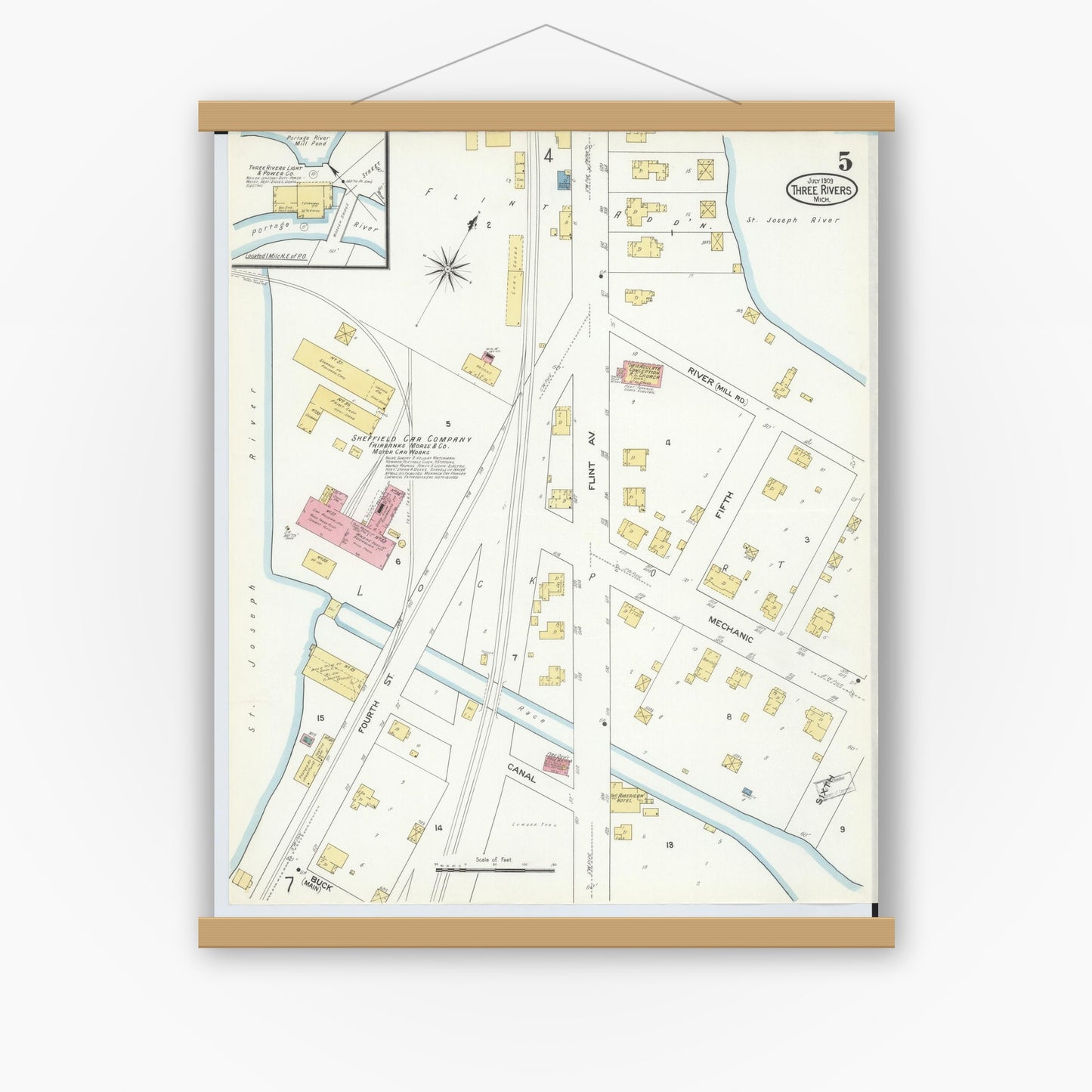 Old map wall art mockup — magnetic wood frame on white wall — Sanborn Fire Insurance Map from Three Rivers, Saint Joseph County, Michigan (1909), Sheet #0005
