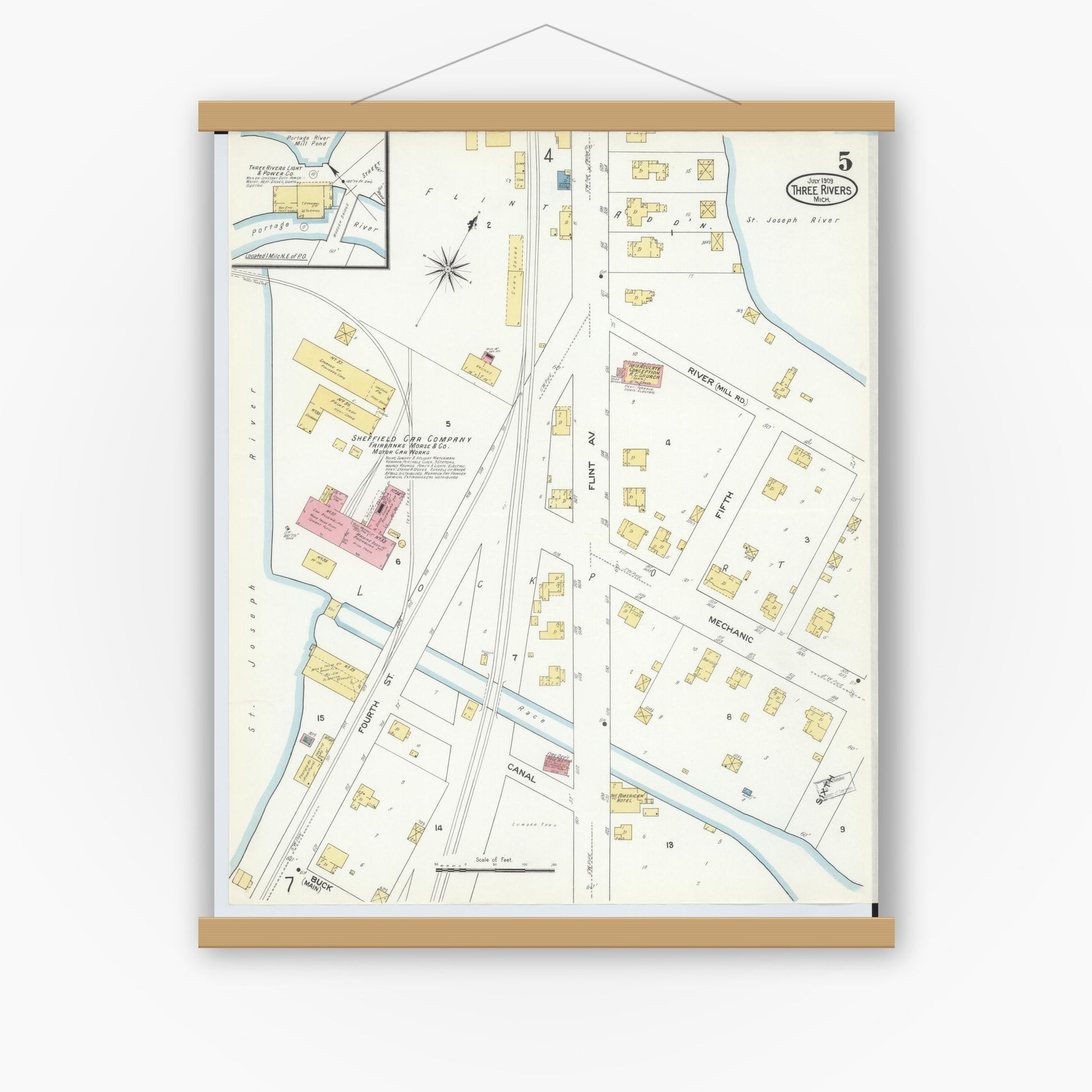 Old map wall art mockup — magnetic wood frame on white wall — Sanborn Fire Insurance Map from Three Rivers, Saint Joseph County, Michigan (1909), Sheet #0005