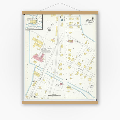 Old map wall art mockup — magnetic wood frame on white wall — Sanborn Fire Insurance Map from Three Rivers, Saint Joseph County, Michigan (1909), Sheet #0005