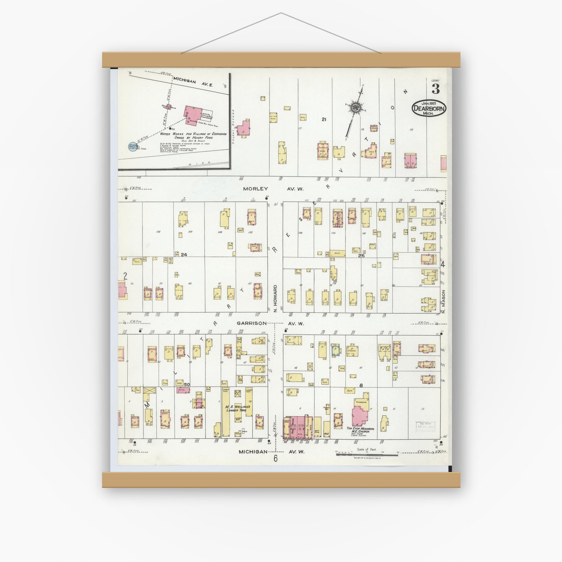 Old map wall art mockup — magnetic wood frame on white wall — Sanborn Fire Insurance Map from Dearborn, Wayne County, Michigan (1921), Sheet #0003