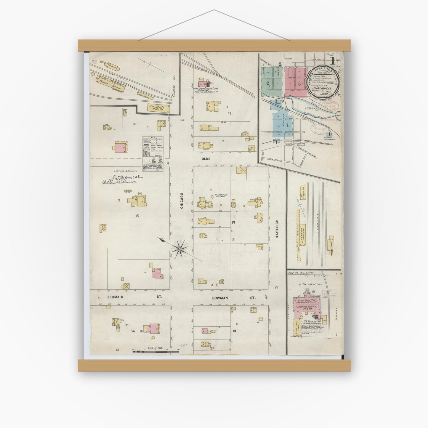 Old map wall art mockup — magnetic wood frame on white wall — Sanborn Fire Insurance Map from Jonesville, Hillsdale County, Michigan (1897) - Complete Map Set