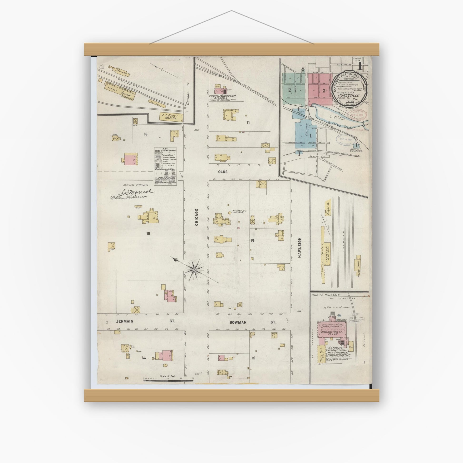 Old map wall art mockup — magnetic wood frame on white wall — Sanborn Fire Insurance Map from Jonesville, Hillsdale County, Michigan (1897) - Complete Map Set