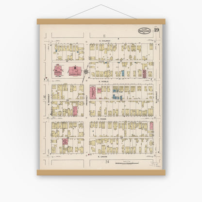 Old map wall art mockup — magnetic wood frame on white wall — Sanborn Fire Insurance Map from Nanticoke, Luzerne County, Pennsylvania (1920), Sheet #0019
