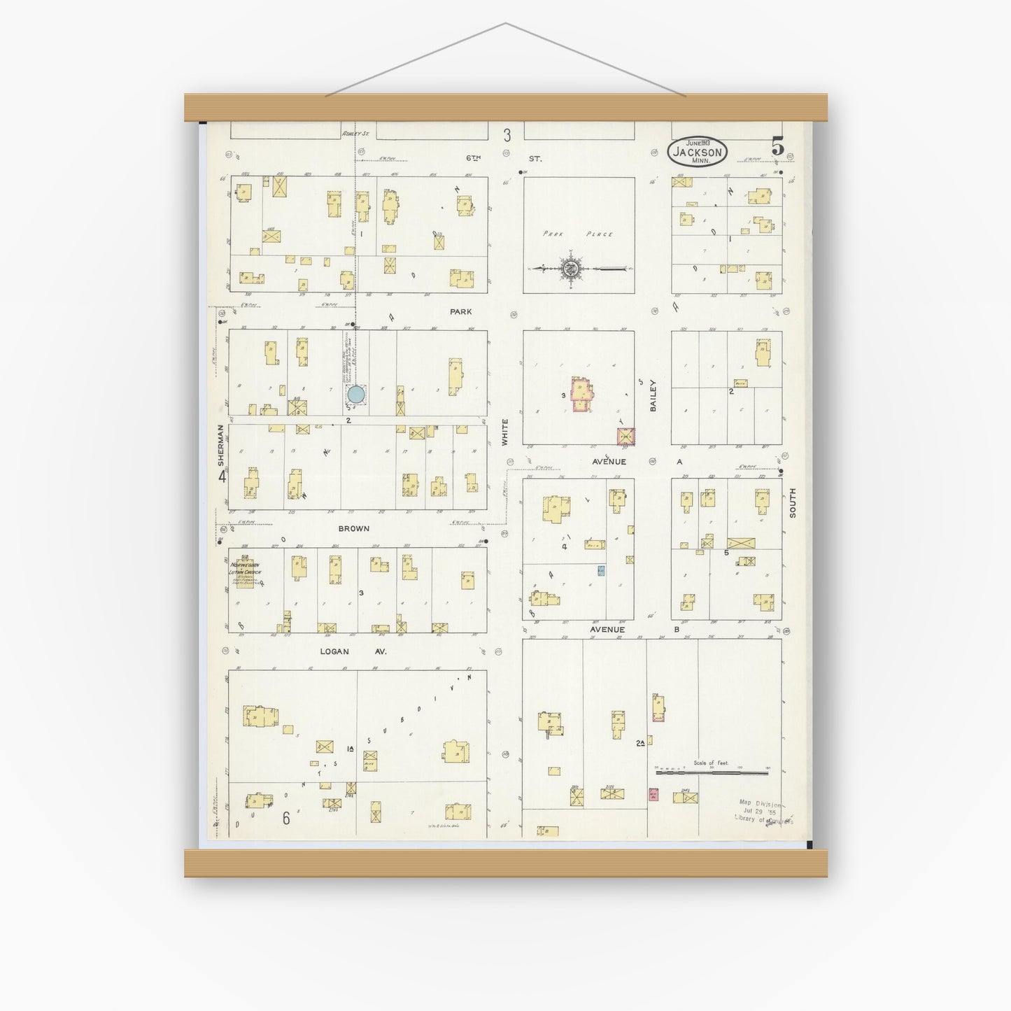 Old map wall art mockup — magnetic wood frame on white wall — Sanborn Fire Insurance Map from Jackson, Jackson County, Minnesota (1913), Sheet #0005