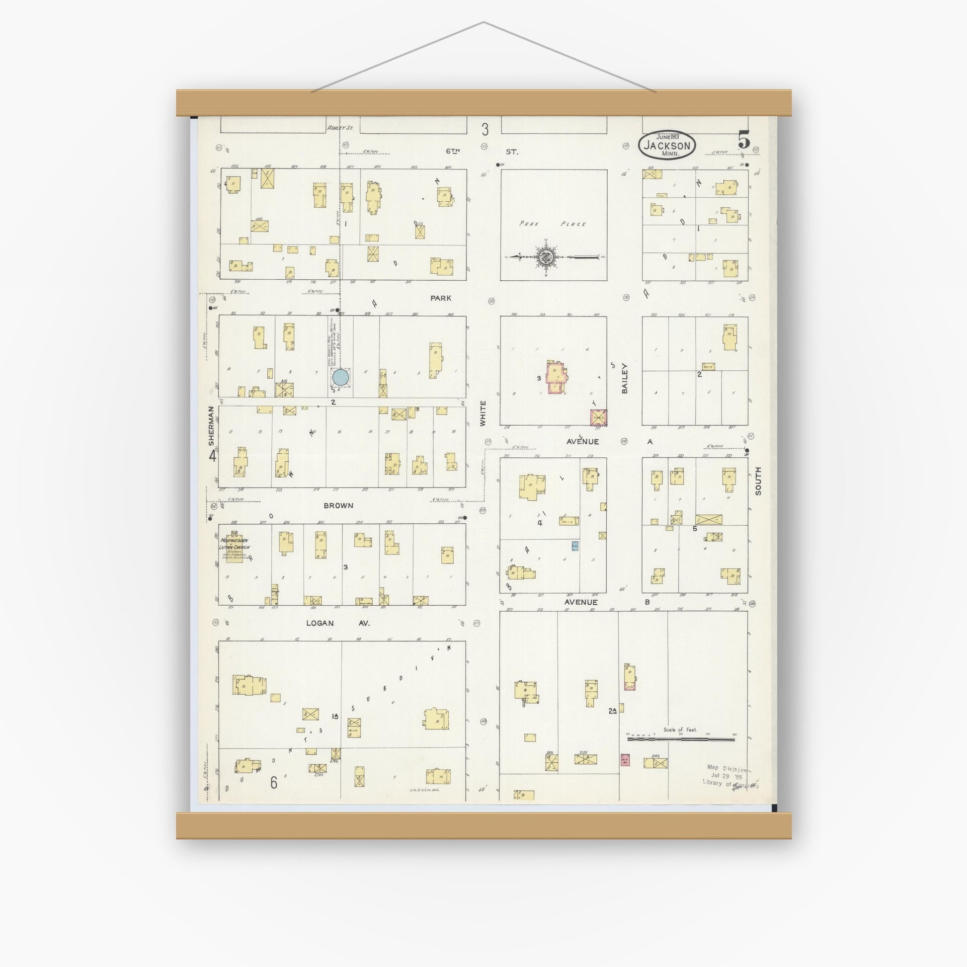 Old map wall art mockup — magnetic wood frame on white wall — Sanborn Fire Insurance Map from Jackson, Jackson County, Minnesota (1913), Sheet #0005