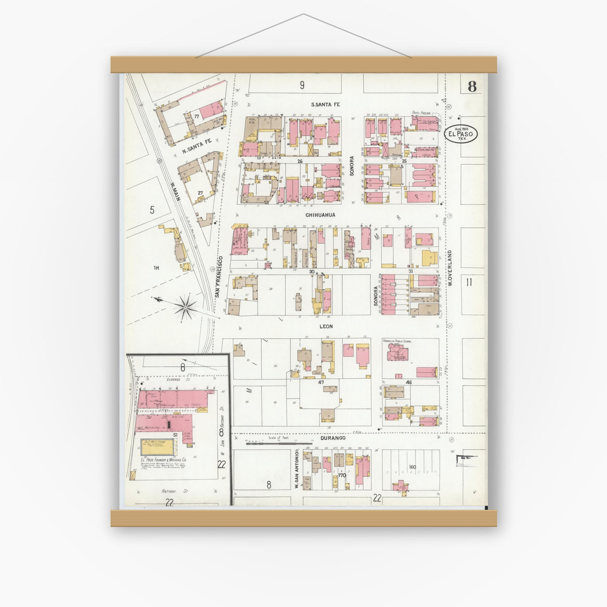 Old map wall art mockup — magnetic wood frame on white wall — Sanborn Fire Insurance Map from El Paso, El Paso County, Texas (1900), Sheet #0008