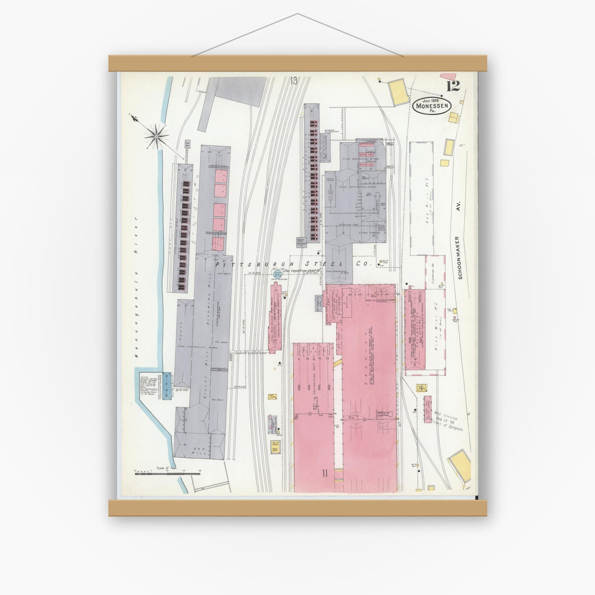 Old map wall art mockup — magnetic wood frame on white wall — Sanborn Fire Insurance Map from Monessen, Westmoreland County, Pennsylvania (1908), Sheet #0012