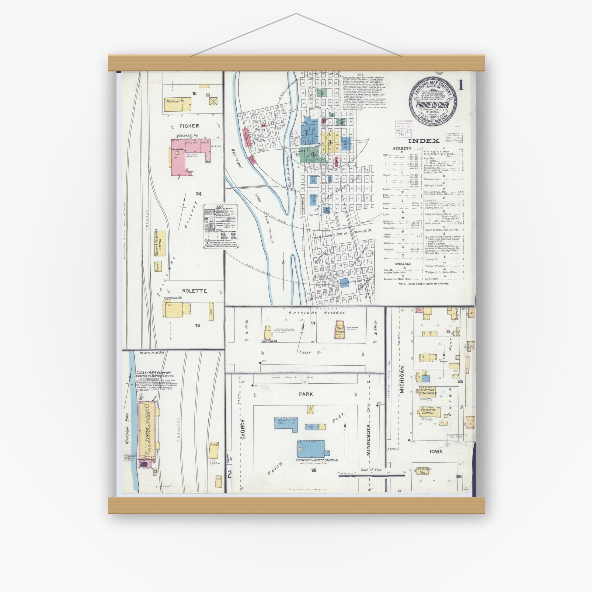 Old map wall art mockup — magnetic wood frame on white wall — Sanborn Fire Insurance Map from Prairie du Chien, Crawford County, Wisconsin (1905), Sheet #0001