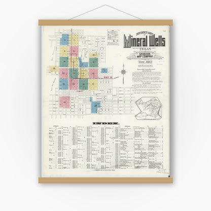 Old map wall art mockup — magnetic wood frame on white wall — Sanborn Fire Insurance Map from Mineral Wells, Palo Pinto County, Texas (1912) - Complete Map Set