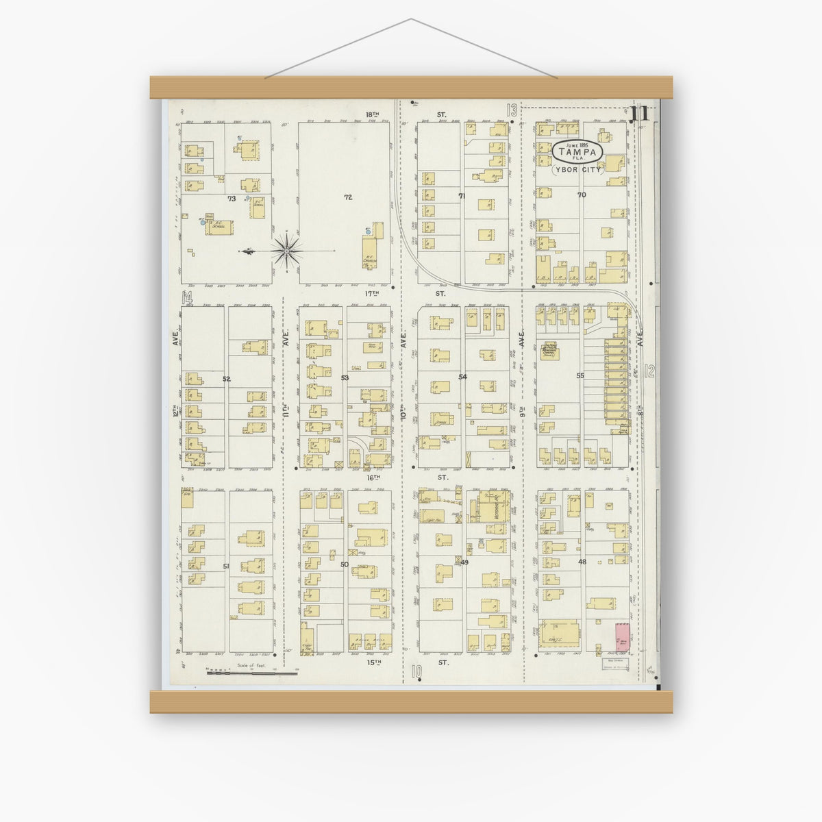 Old map wall art mockup — magnetic wood frame on white wall — Sanborn Fire Insurance Map from Tampa, Hillsborough County, Florida (1895), Sheet #0015