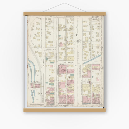 Old map wall art mockup — magnetic wood frame on white wall — Sanborn Fire Insurance Map from Akron, Summit County, Ohio (1886), Sheet #0004