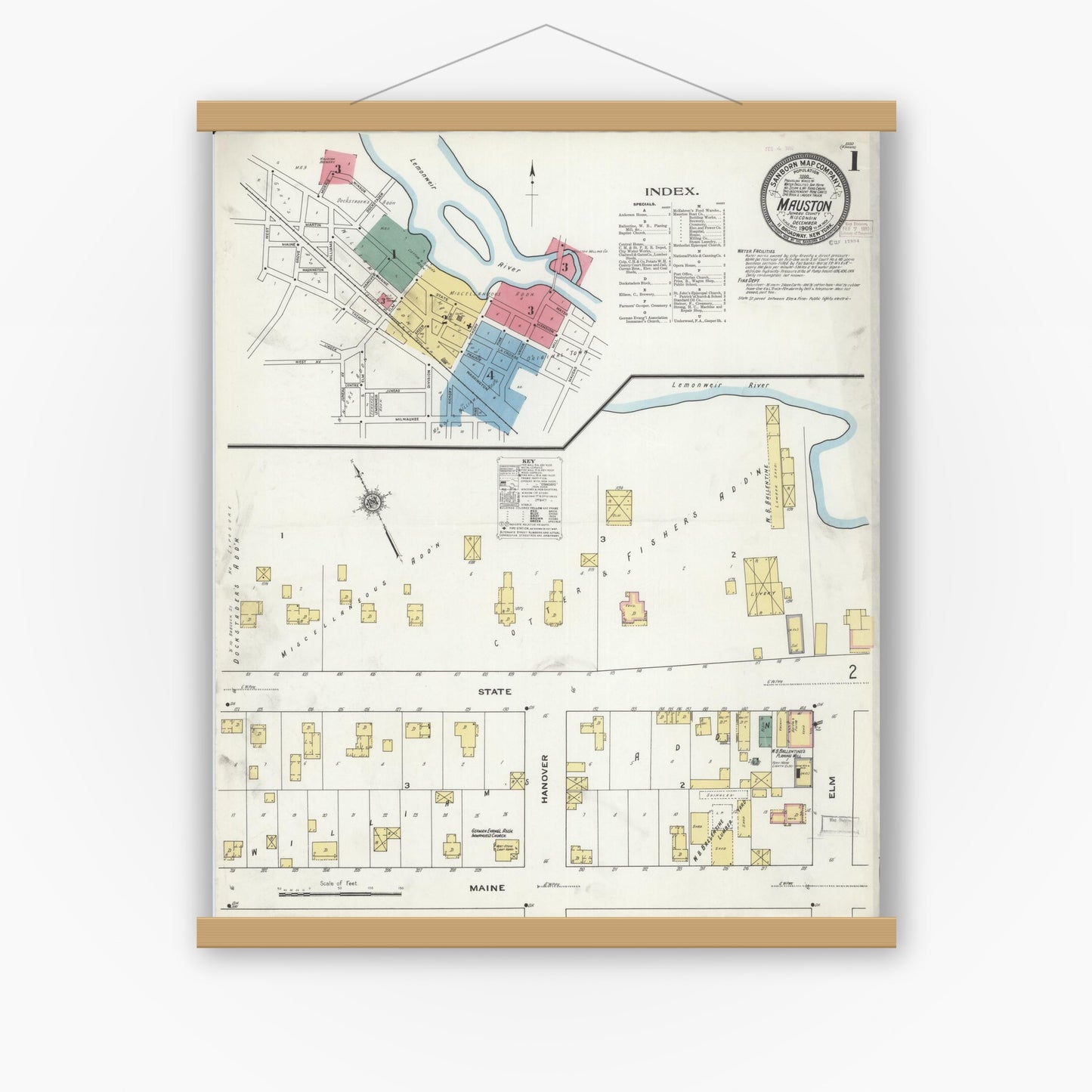 Old map wall art mockup — magnetic wood frame on white wall — Sanborn Fire Insurance Map from Mauston, Juneau County, Wisconsin (1909), Sheet #0001