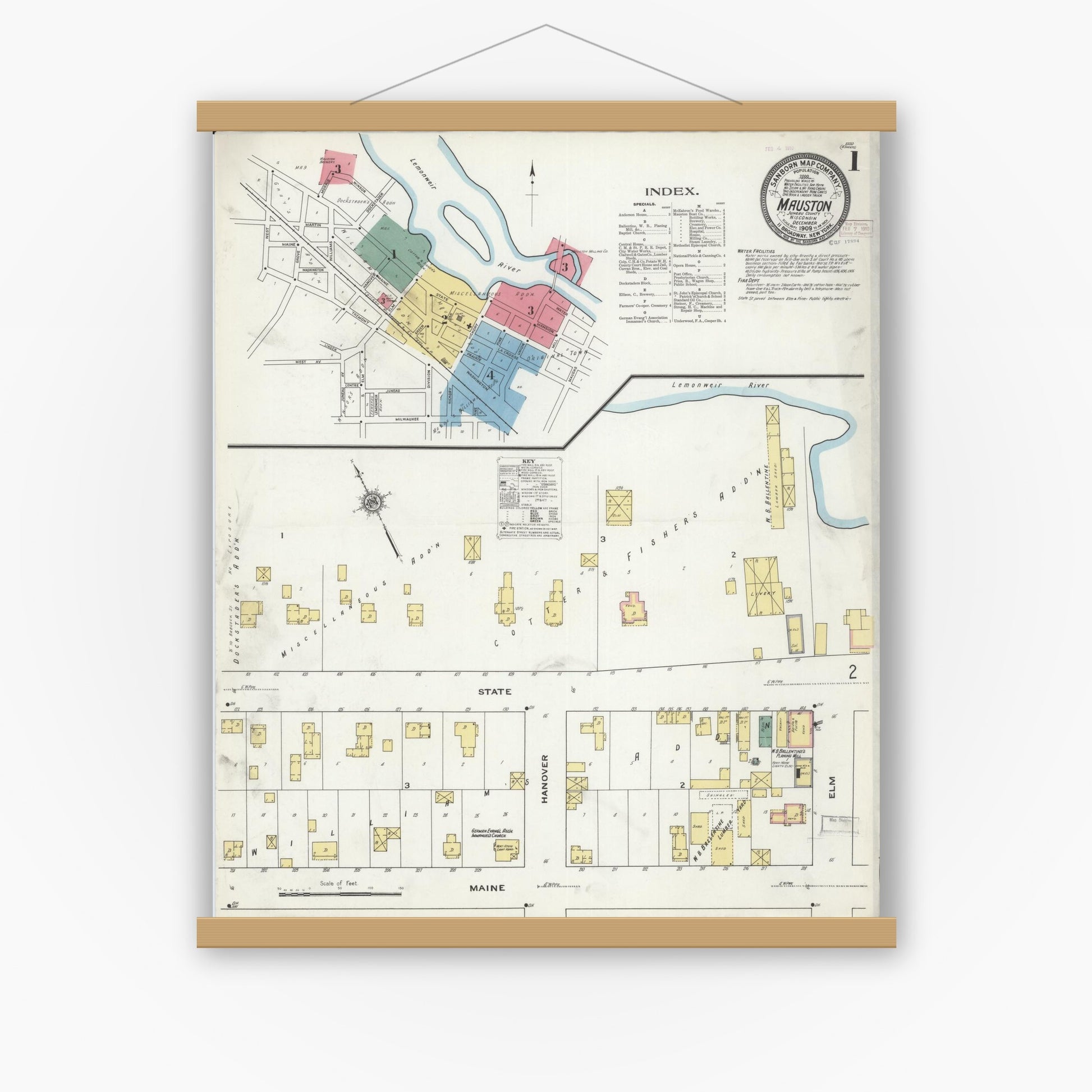 Old map wall art mockup — magnetic wood frame on white wall — Sanborn Fire Insurance Map from Mauston, Juneau County, Wisconsin (1909), Sheet #0001