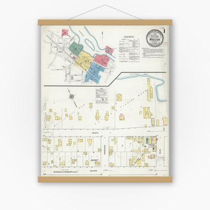 Old map wall art mockup — magnetic wood frame on white wall — Sanborn Fire Insurance Map from Mauston, Juneau County, Wisconsin (1909), Sheet #0001