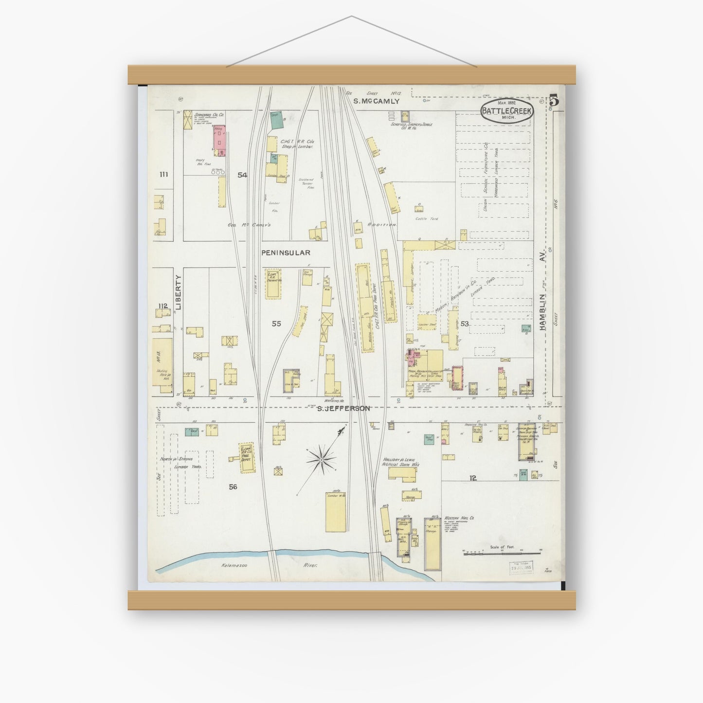Old map wall art mockup — magnetic wood frame on white wall — Sanborn Fire Insurance Map from Battle Creek, Calhoun County, Michigan (1892), Sheet #0005