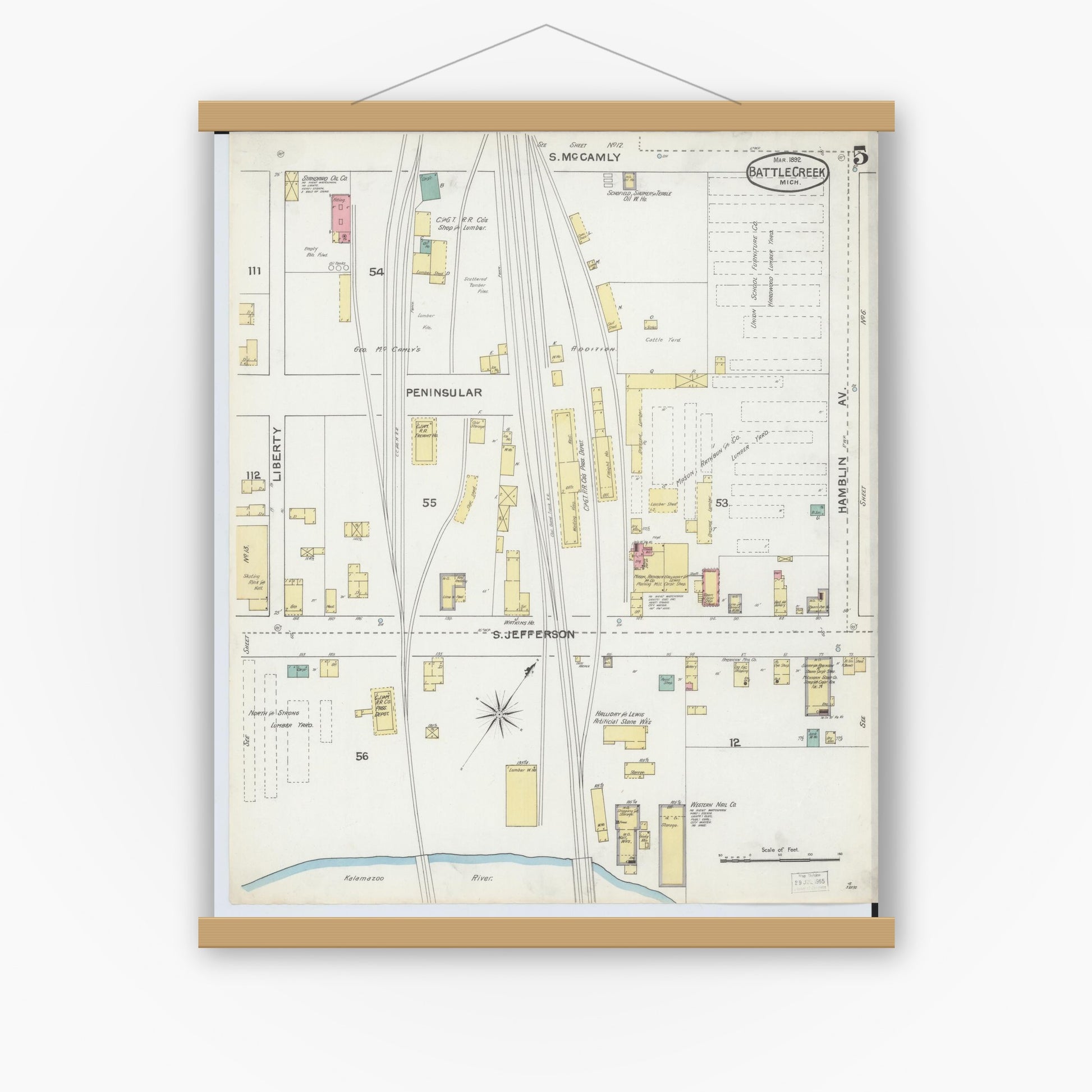 Old map wall art mockup — magnetic wood frame on white wall — Sanborn Fire Insurance Map from Battle Creek, Calhoun County, Michigan (1892), Sheet #0005