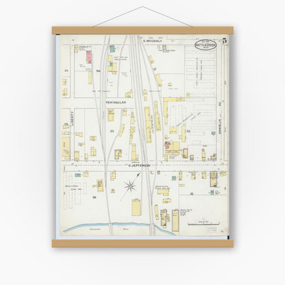 Old map wall art mockup — magnetic wood frame on white wall — Sanborn Fire Insurance Map from Battle Creek, Calhoun County, Michigan (1892), Sheet #0005