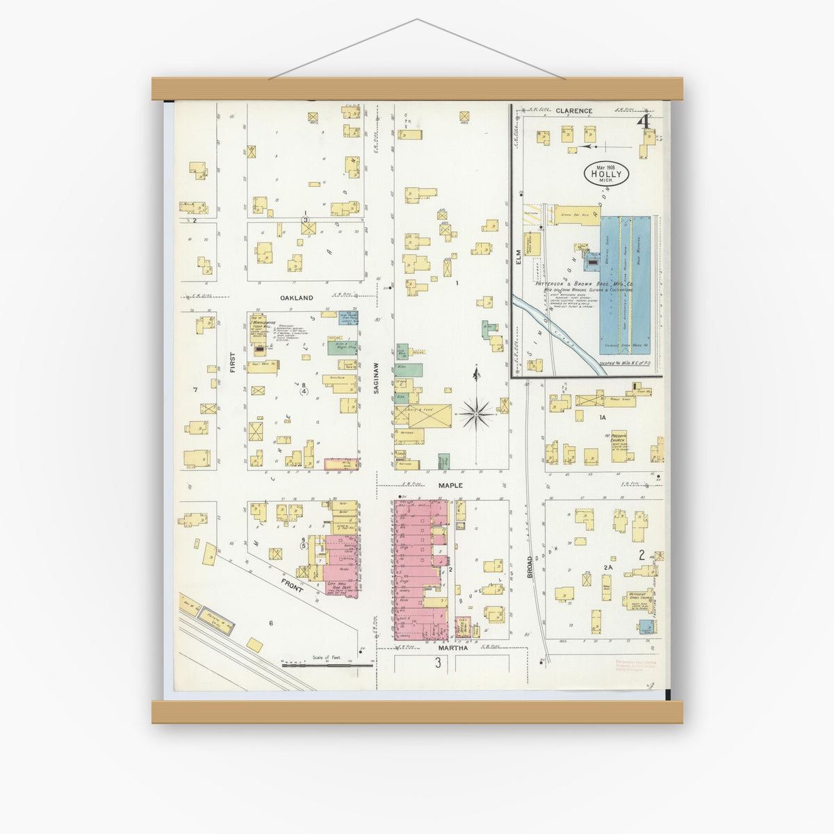 Old map wall art mockup — magnetic wood frame on white wall — Sanborn Fire Insurance Map from Holly, Oakland County, Michigan (1908), Sheet #0004