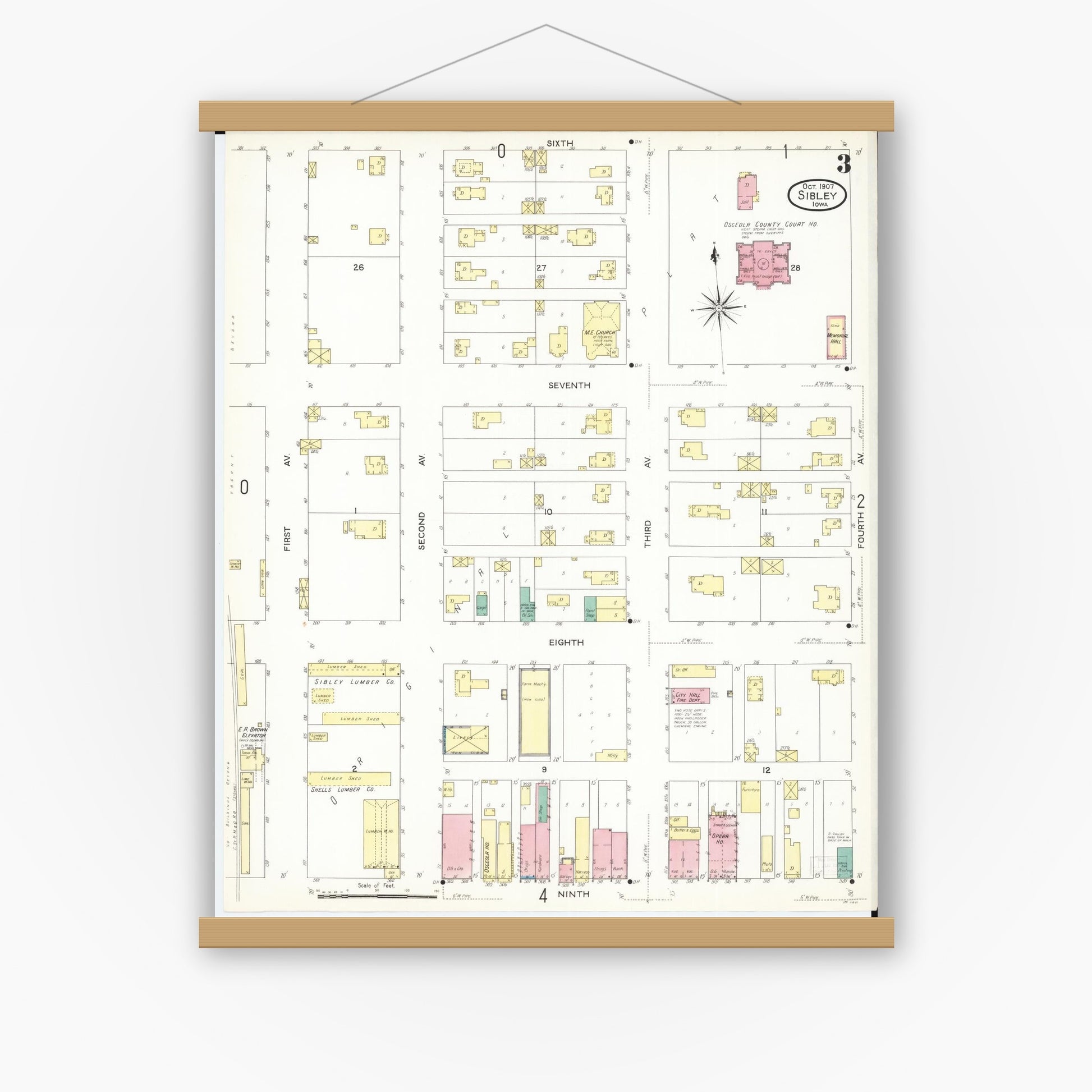 Old map wall art mockup — magnetic wood frame on white wall — Sanborn Fire Insurance Map from Sibley, Osceola County, Iowa (1907), Sheet #0003