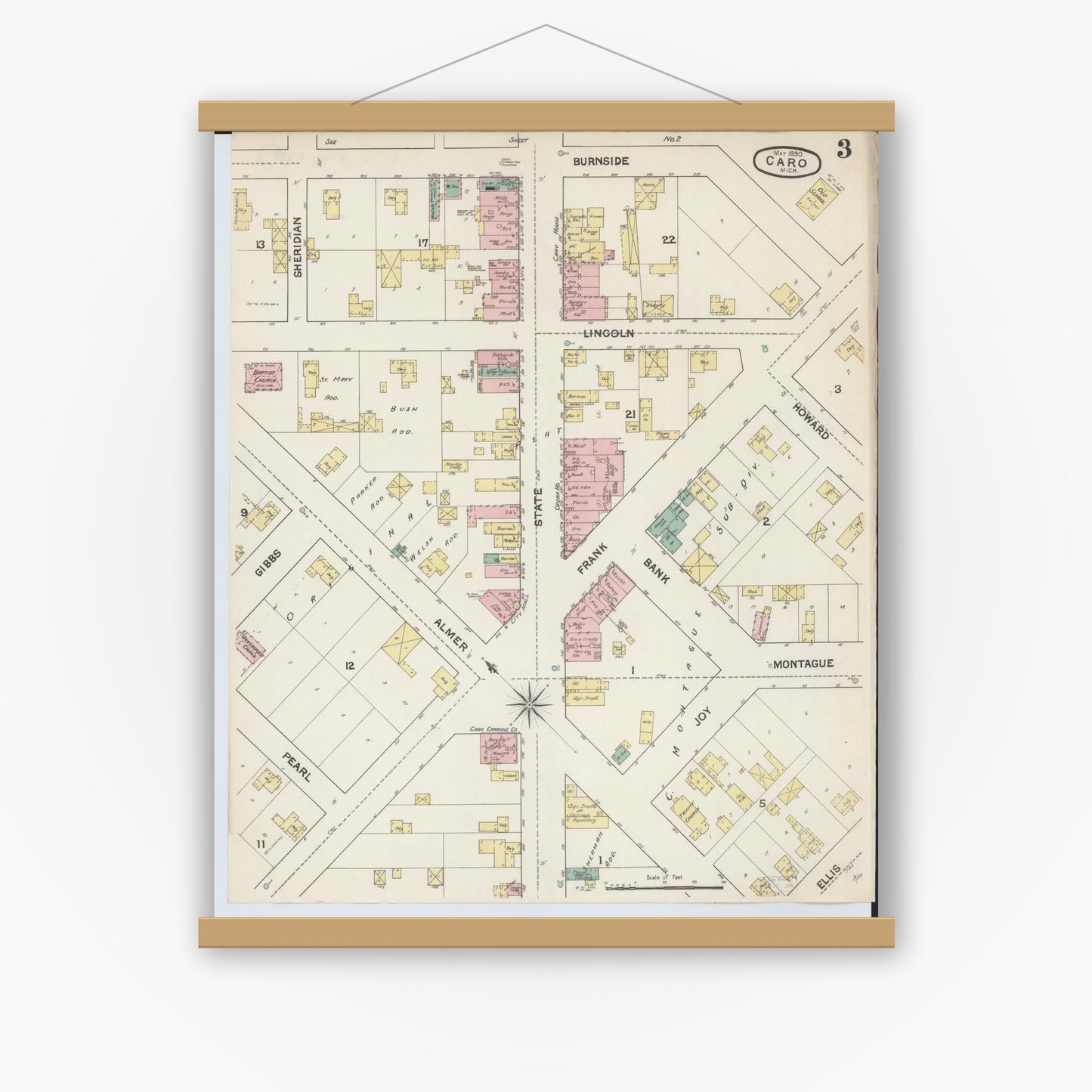Old map wall art mockup — magnetic wood frame on white wall — Sanborn Fire Insurance Map from Caro, Tuscola County, Michigan (1890), Sheet #0003