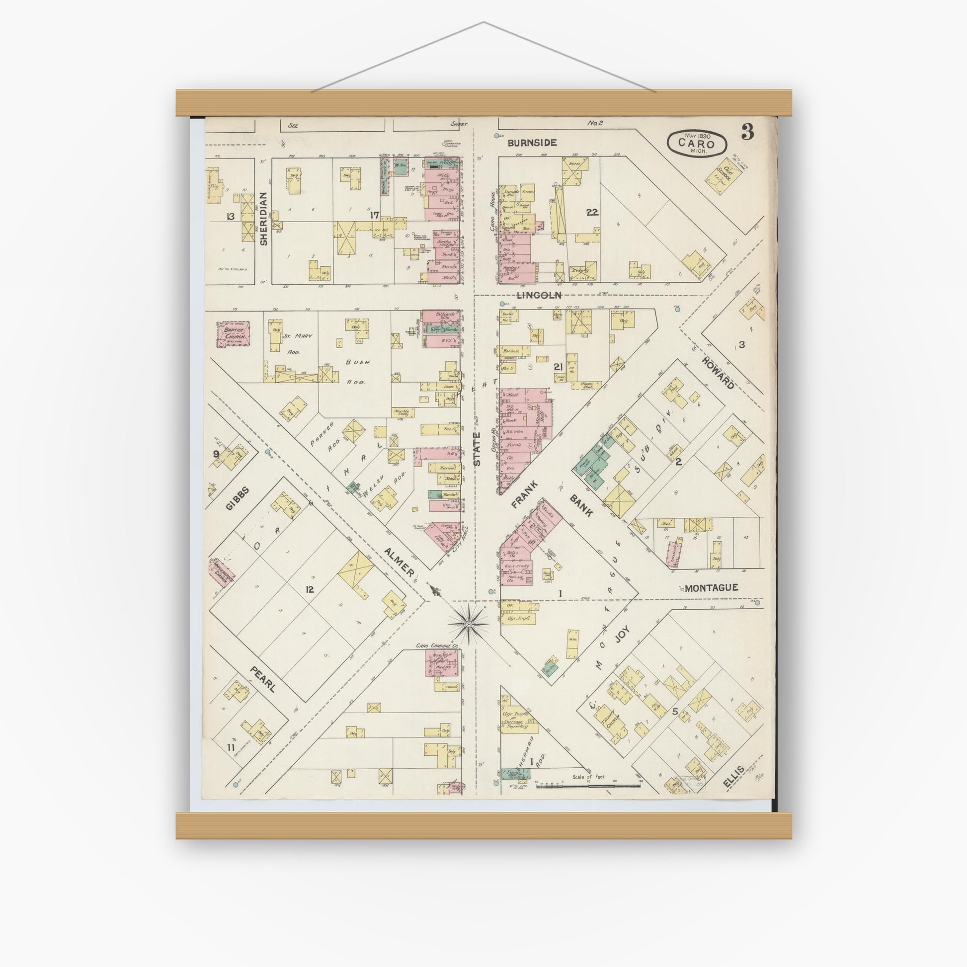 Old map wall art mockup — magnetic wood frame on white wall — Sanborn Fire Insurance Map from Caro, Tuscola County, Michigan (1890), Sheet #0003