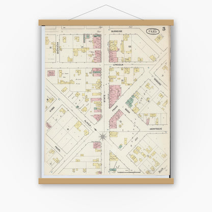 Old map wall art mockup — magnetic wood frame on white wall — Sanborn Fire Insurance Map from Caro, Tuscola County, Michigan (1890), Sheet #0003
