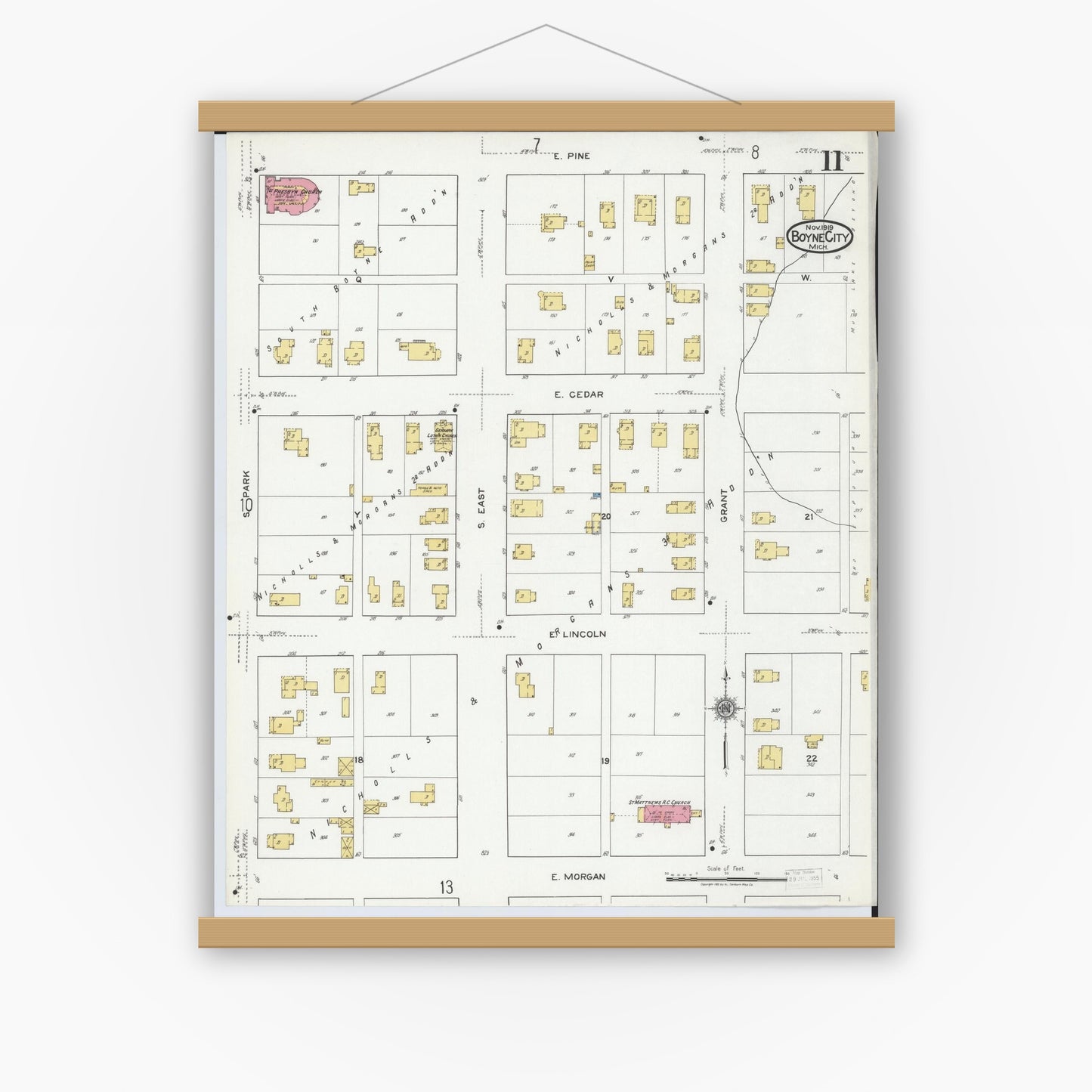 Old map wall art mockup — magnetic wood frame on white wall — Sanborn Fire Insurance Map from Boyne City, Charlevoix County, Michigan (1919), Sheet #0011