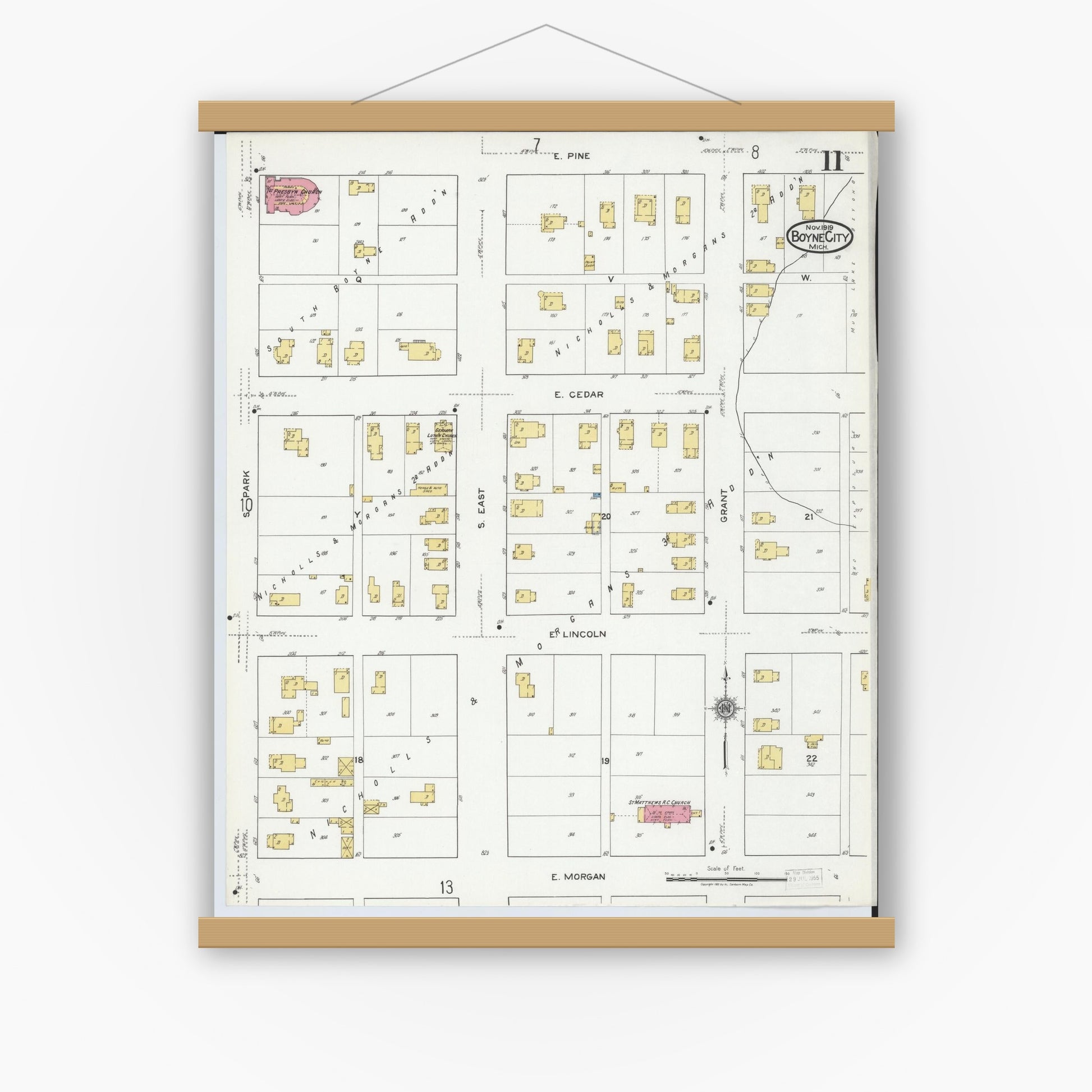 Old map wall art mockup — magnetic wood frame on white wall — Sanborn Fire Insurance Map from Boyne City, Charlevoix County, Michigan (1919), Sheet #0011
