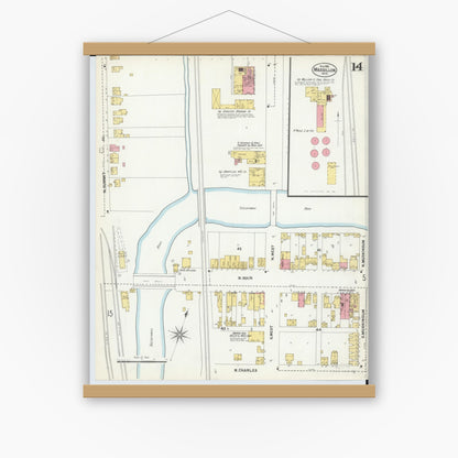 Old map wall art mockup — magnetic wood frame on white wall — Sanborn Fire Insurance Map from Massillon, Stark County, Ohio (1901), Sheet #0014