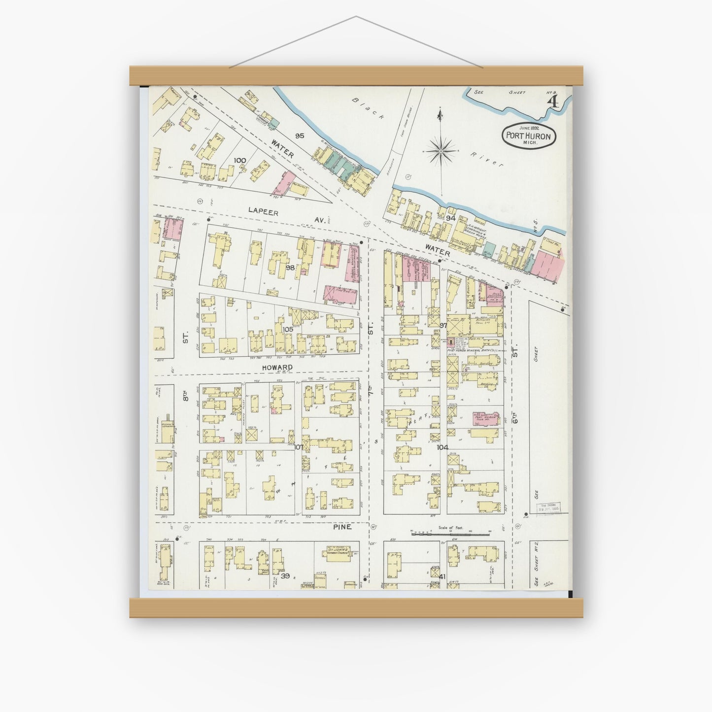 Old map wall art mockup — magnetic wood frame on white wall — Sanborn Fire Insurance Map from Port Huron, Saint Clair County, Michigan (1892), Sheet #0004