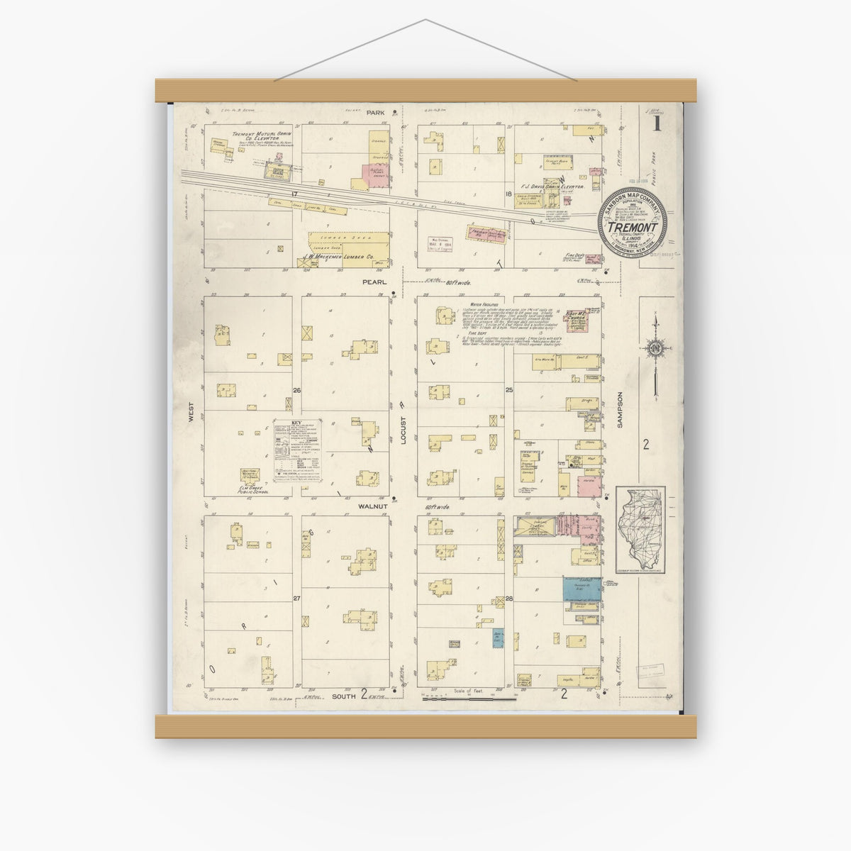 Old map wall art mockup — magnetic wood frame on white wall — Sanborn Fire Insurance Map from Tremont, Tazewell County, Illinois (1914), Sheet #0001
