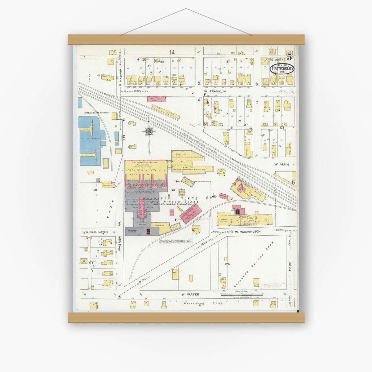 Old map wall art mockup — magnetic wood frame on white wall — Sanborn Fire Insurance Map from Hartford City, Blackford County, Indiana (1920), Sheet #0005