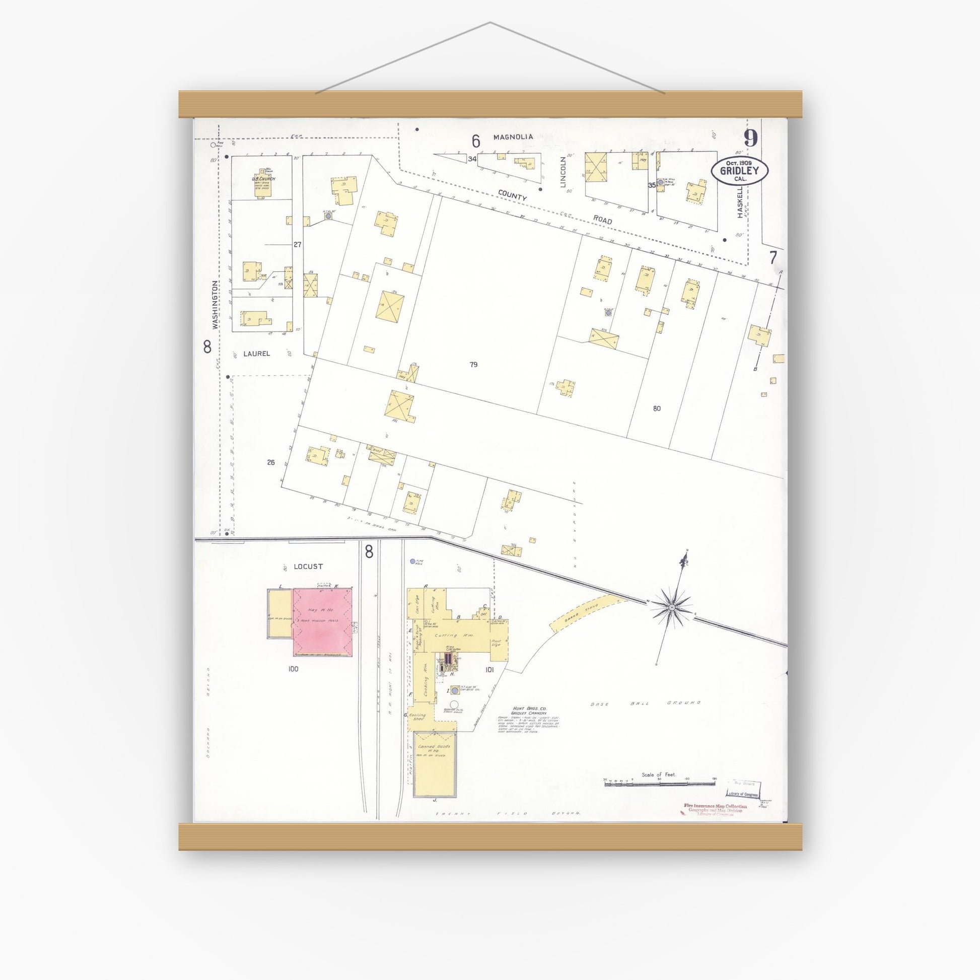 Old map wall art mockup — magnetic wood frame on white wall — Sanborn Fire Insurance Map from Gridley, Butte County, California (1909), Sheet #0009