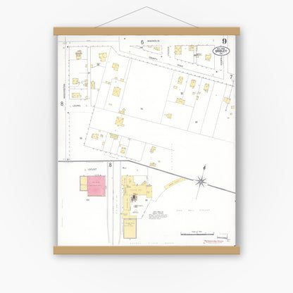 Old map wall art mockup — magnetic wood frame on white wall — Sanborn Fire Insurance Map from Gridley, Butte County, California (1909), Sheet #0009