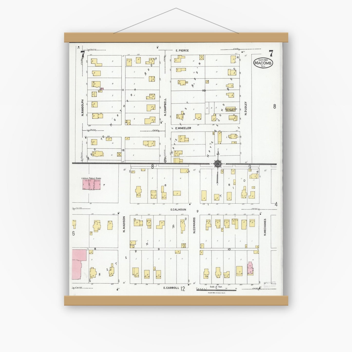 Old map wall art mockup — magnetic wood frame on white wall — Sanborn Fire Insurance Map from Macomb, Mcdonough County, Illinois (1924), Sheet #0007