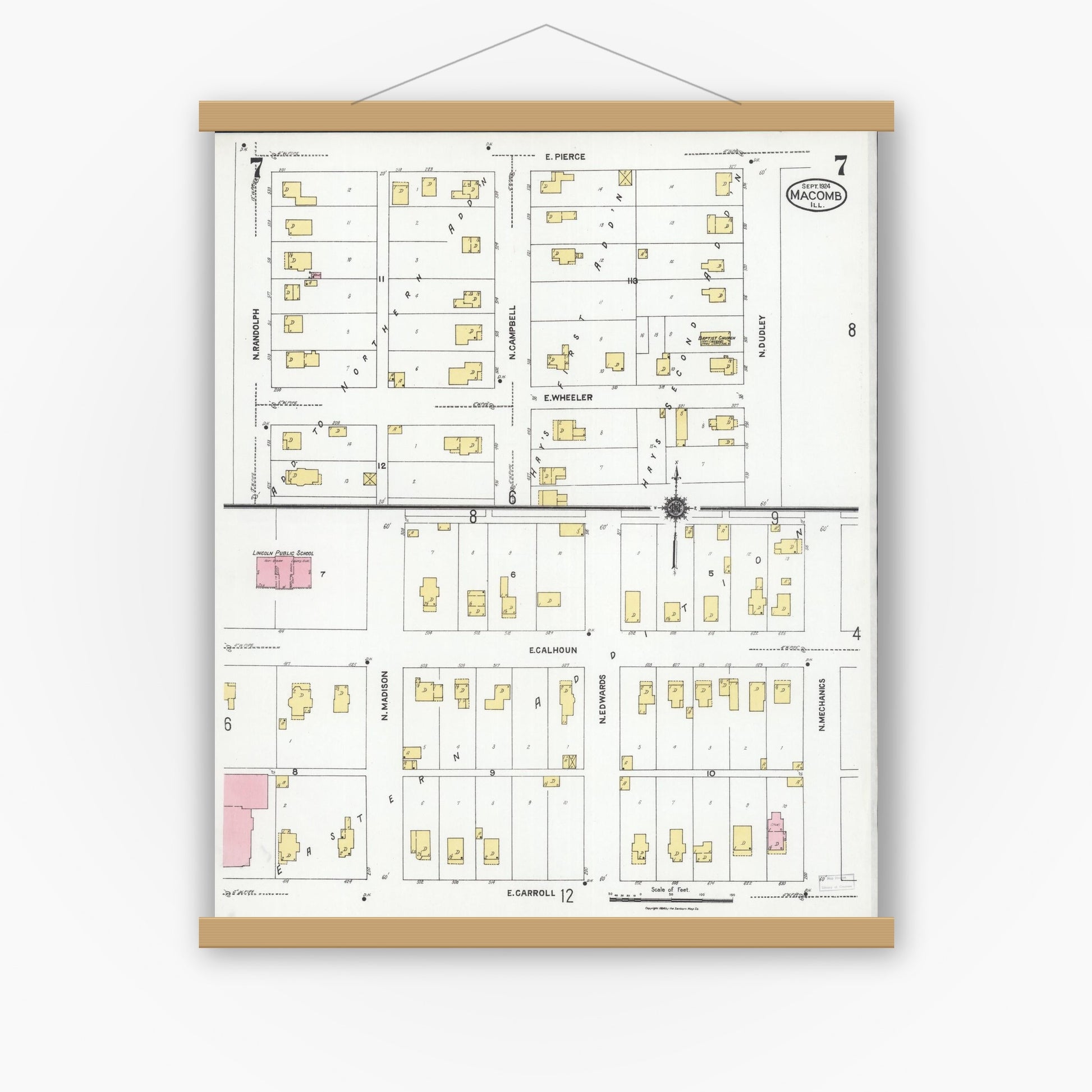 Old map wall art mockup — magnetic wood frame on white wall — Sanborn Fire Insurance Map from Macomb, Mcdonough County, Illinois (1924), Sheet #0007