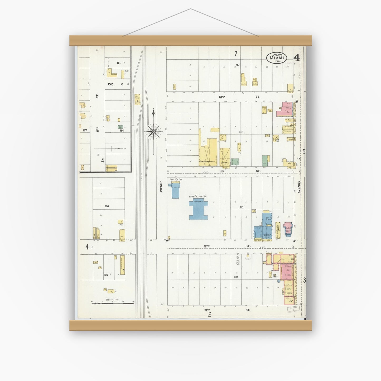 Old map wall art mockup — magnetic wood frame on white wall — Sanborn Fire Insurance Map from Miami, Dade County, Florida (1903), Sheet #0004