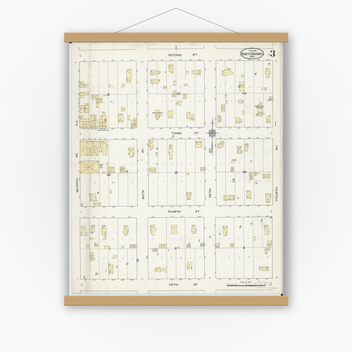Old map wall art mockup — magnetic wood frame on white wall — Sanborn Fire Insurance Map from North Branch, Chisago County, Minnesota (1914), Sheet #0003