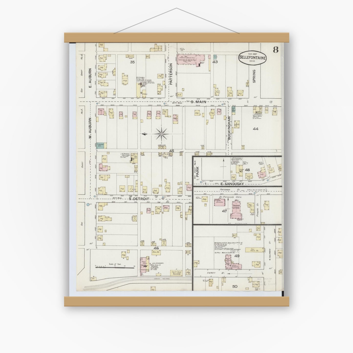Old map wall art mockup — magnetic wood frame on white wall — Sanborn Fire Insurance Map from Bellefontaine, Logan County, Ohio (1887), Sheet #0008