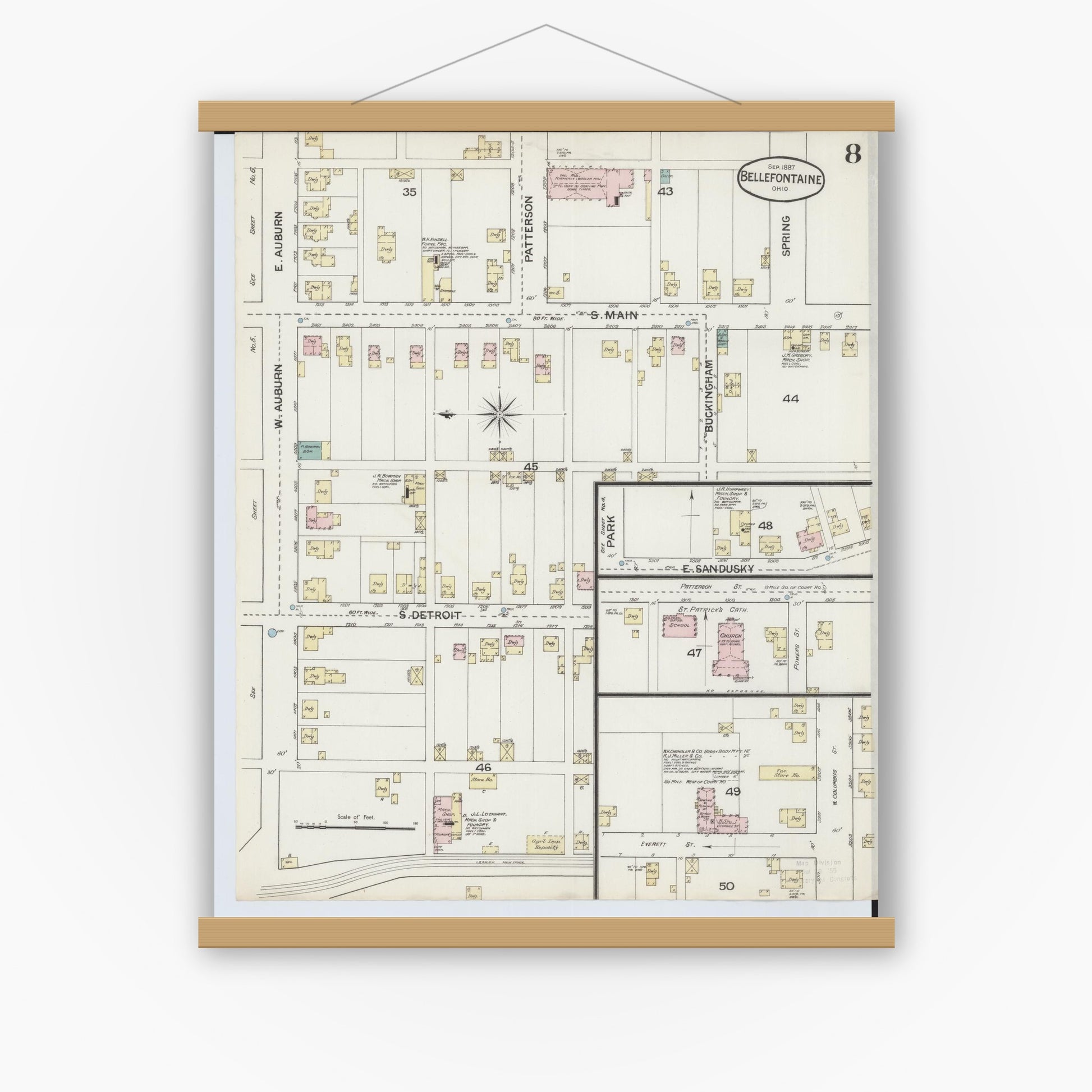 Old map wall art mockup — magnetic wood frame on white wall — Sanborn Fire Insurance Map from Bellefontaine, Logan County, Ohio (1887), Sheet #0008