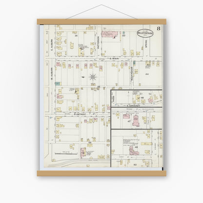 Old map wall art mockup — magnetic wood frame on white wall — Sanborn Fire Insurance Map from Bellefontaine, Logan County, Ohio (1887), Sheet #0008