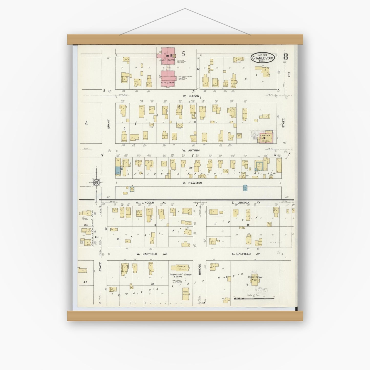 Old map wall art mockup — magnetic wood frame on white wall — Sanborn Fire Insurance Map from Charlevoix, Charlevoix County, Michigan (1912), Sheet #0008