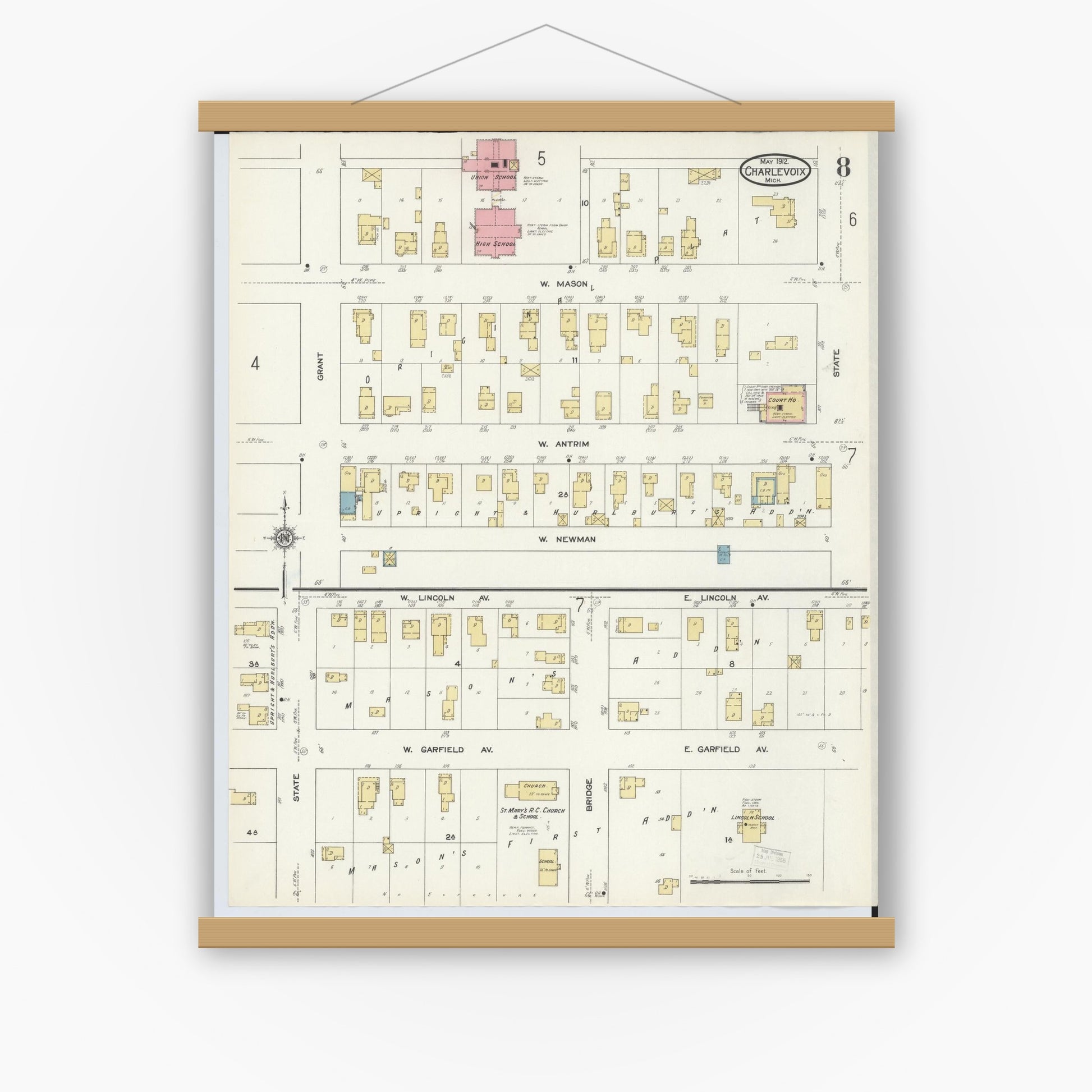 Old map wall art mockup — magnetic wood frame on white wall — Sanborn Fire Insurance Map from Charlevoix, Charlevoix County, Michigan (1912), Sheet #0008